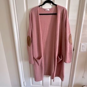NWOT Chic Soul Pink Longline Cardigan with Brown suede elbow patches
